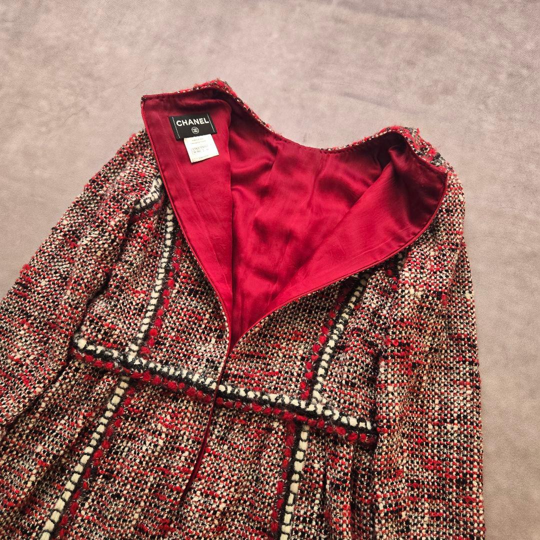 CHANEL 美品 大きいサイズ ツイード トリミング フレア ワンピース