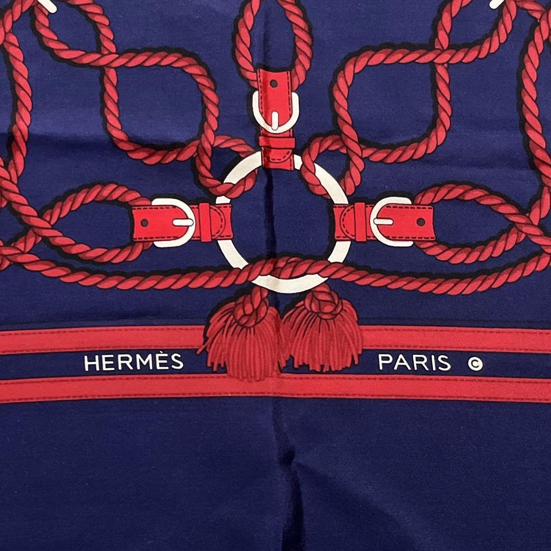 エルメス HERMES スカーフ 馬具 ロープ柄 ネイビー 紺 赤 シルク