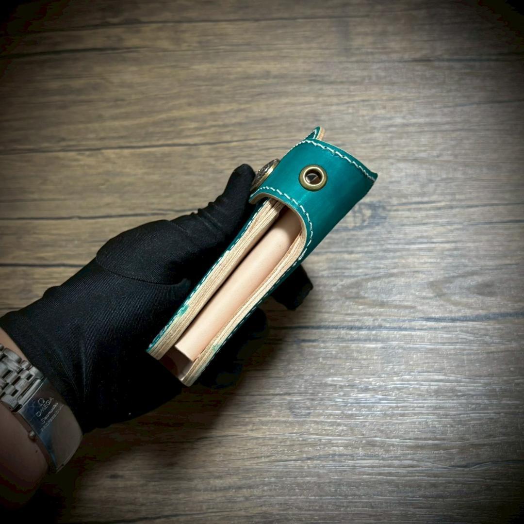 総手縫い ミドルウォレット メンズ財布 ヌメ 本革 ハンドメイド グリーン 緑