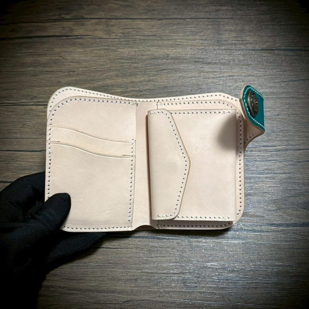 総手縫い ミドルウォレット メンズ財布 ヌメ 本革 ハンドメイド グリーン 緑