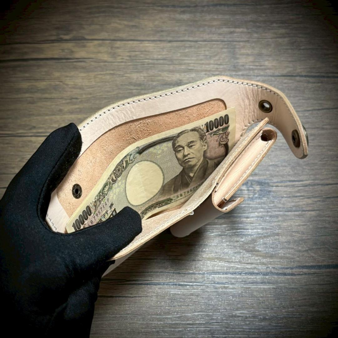 総手縫い ミドルウォレット メンズ財布 ヌメ 本革 ハンドメイド グリーン 緑