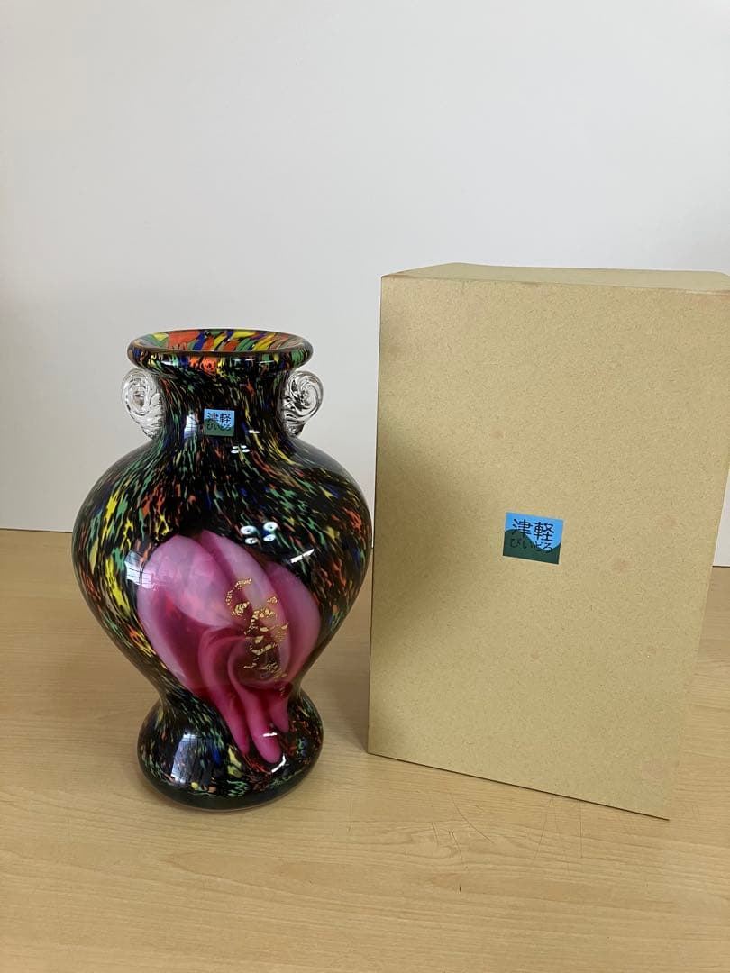 【新品】多色ガラス花瓶　金箔入り　津軽びいどろ　高さ30cm