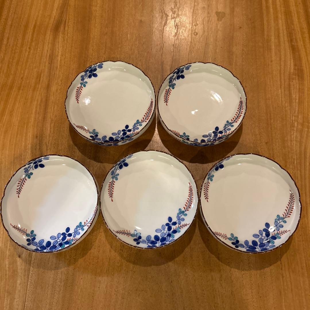有田焼　辻製磁　辻常陸　萩絵付　高台平鉢　昭和期　五枚　(全十枚)