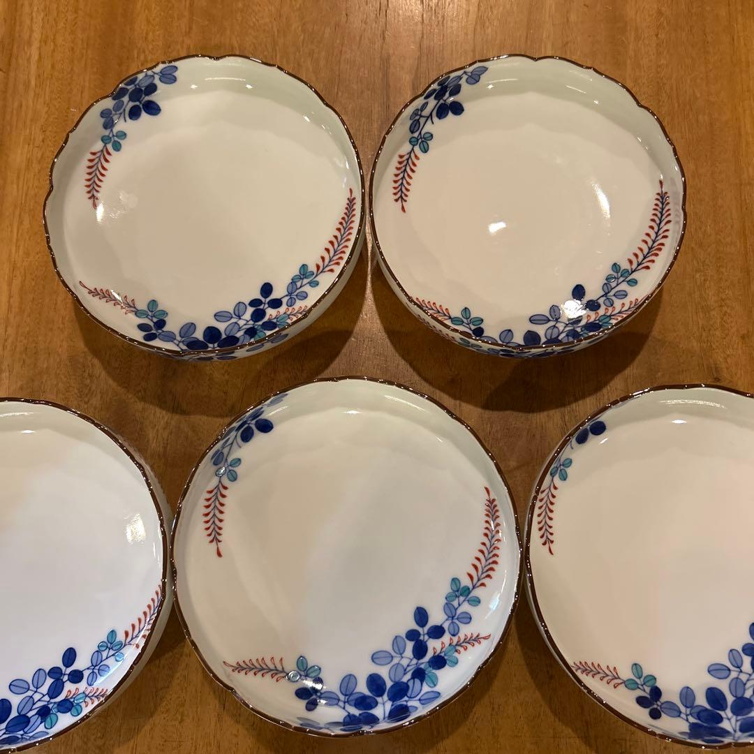 有田焼　辻製磁　辻常陸　萩絵付　高台平鉢　昭和期　五枚　(全十枚)