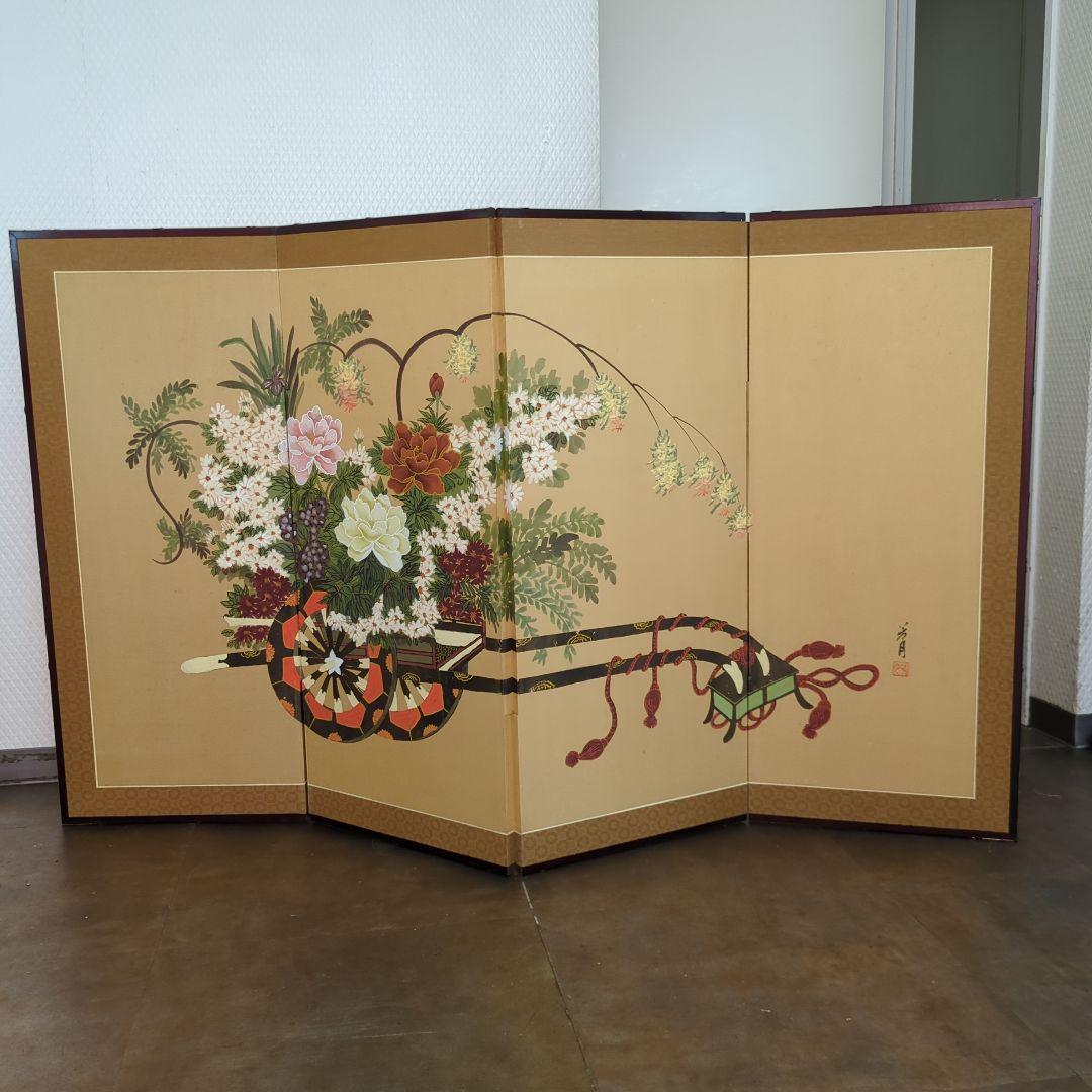 屏風 御所車 牡丹 衝立 間仕切り 手描き 折りたたみ 紙箱 ディスプレイ
