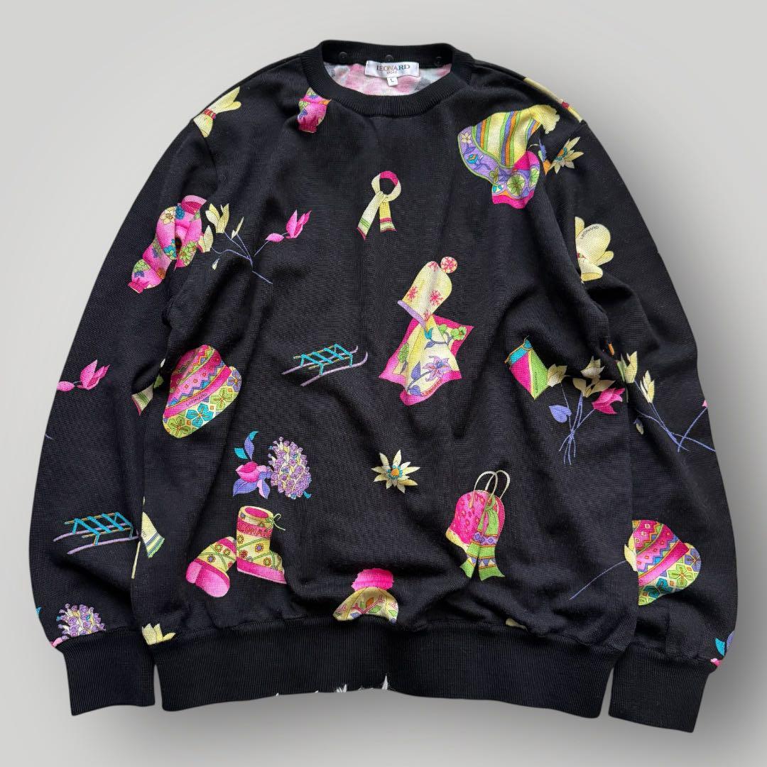 美品☆LEONARD ニット トップス 2way トリム 花柄 総柄 黒 L