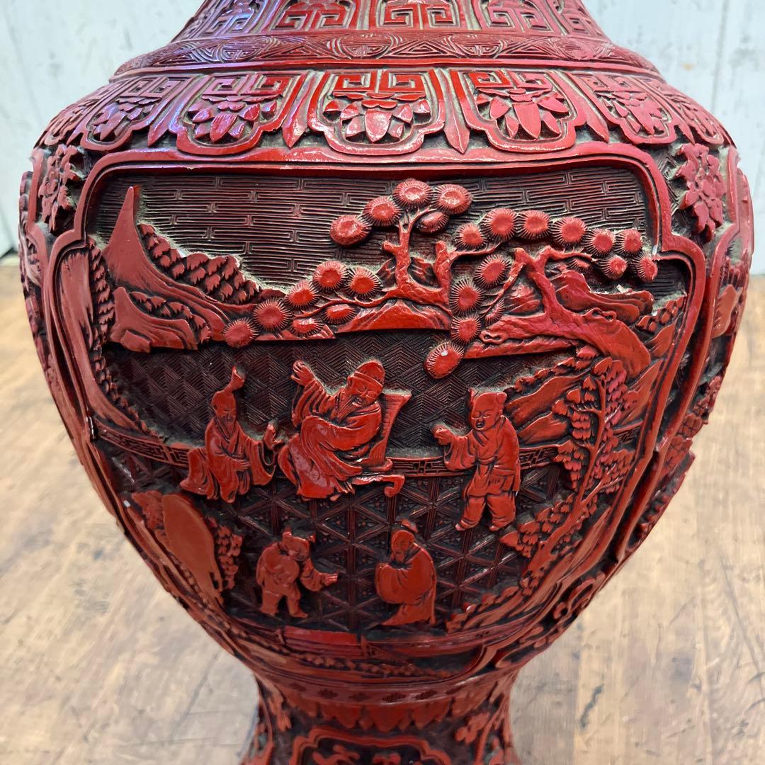 中国美術 彫漆 置物 飾り インテリア オブジェ 壺 花瓶 花入れ 花立て 花生