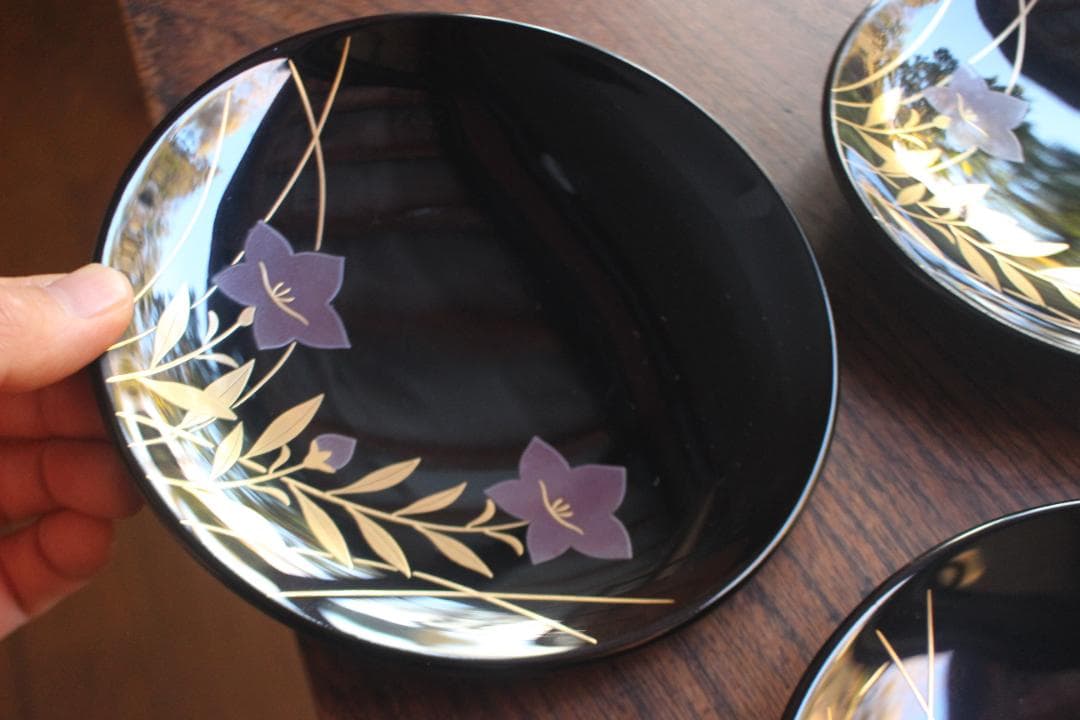 デッドストック！上質黒漆に優美な桔梗蒔絵の映える銘々皿5点（検輪島塗銘々皿蒔絵皿