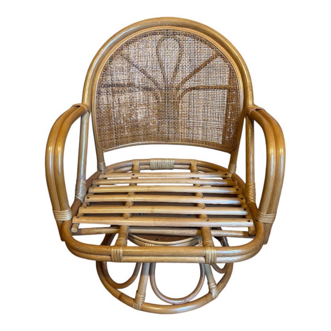 【送料無料】レトロ籐ラタン回転チェア花柄座面美品おしゃれ人気インテリア天然木風調