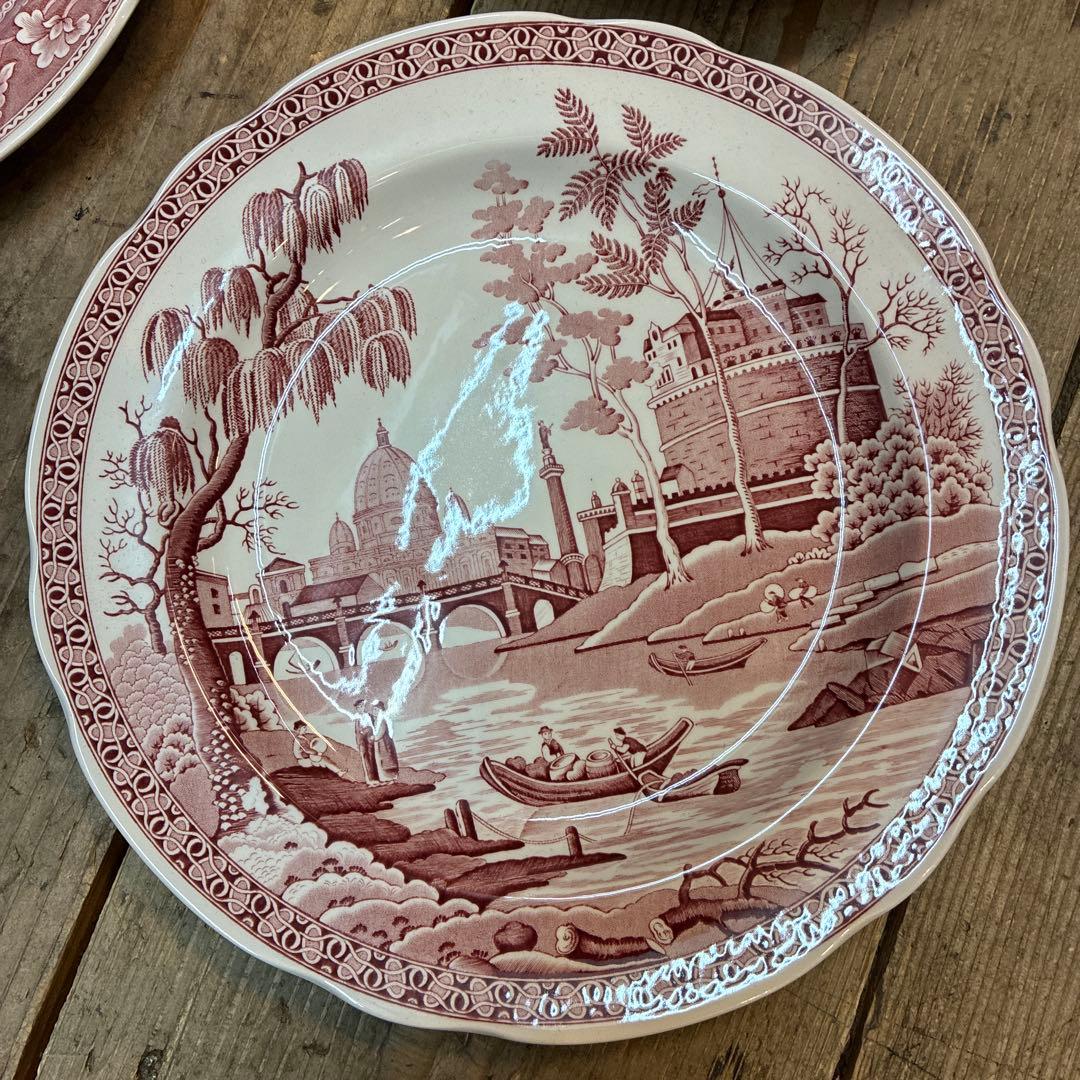 SPODE 26cm お皿　赤茶色の風景画　花柄　人物