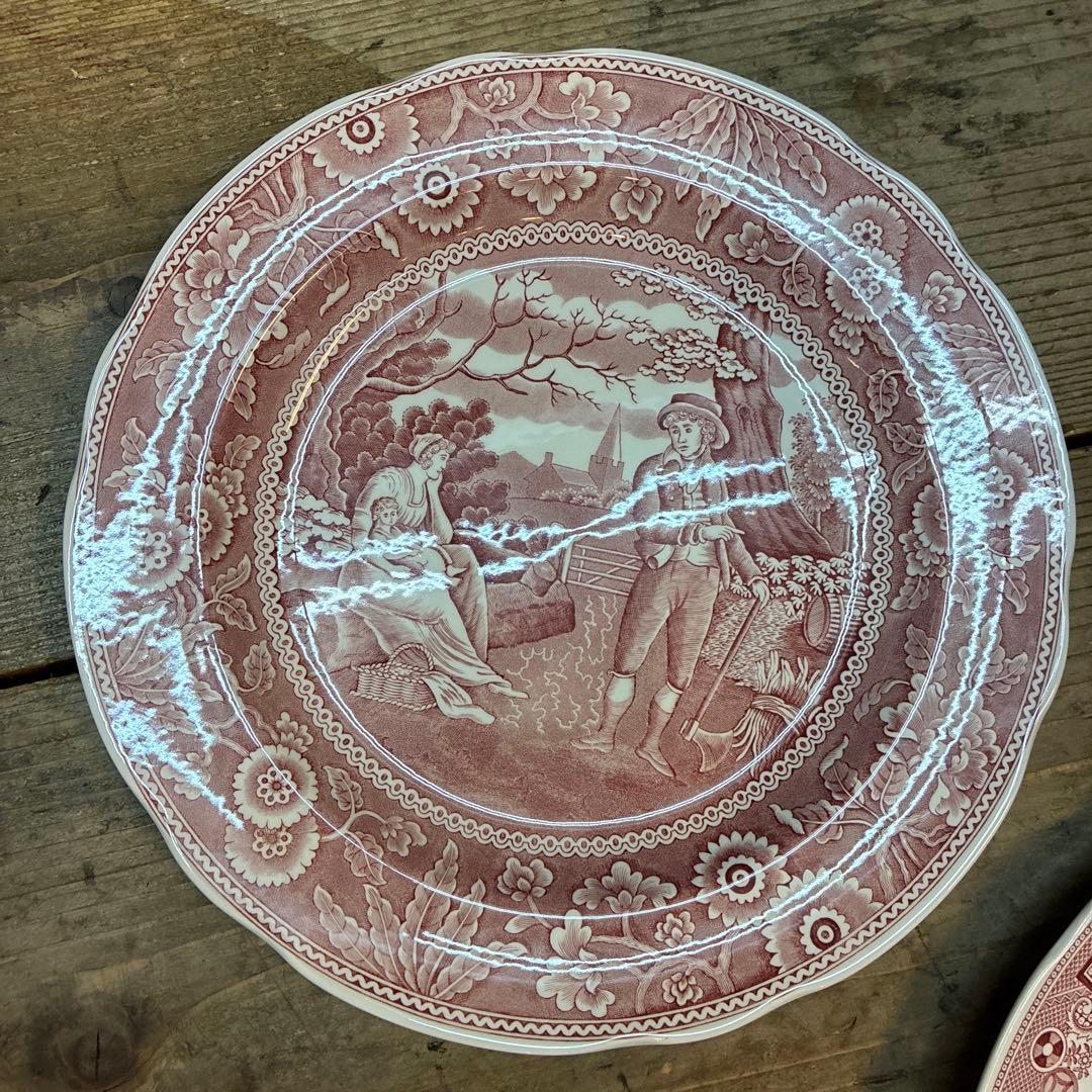 SPODE 26cm お皿　赤茶色の風景画　花柄　人物