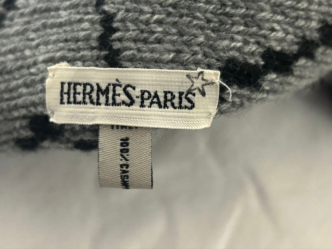 HEREMES100%カシミアブラックグレーリバーシブルマフラーニット帽セット