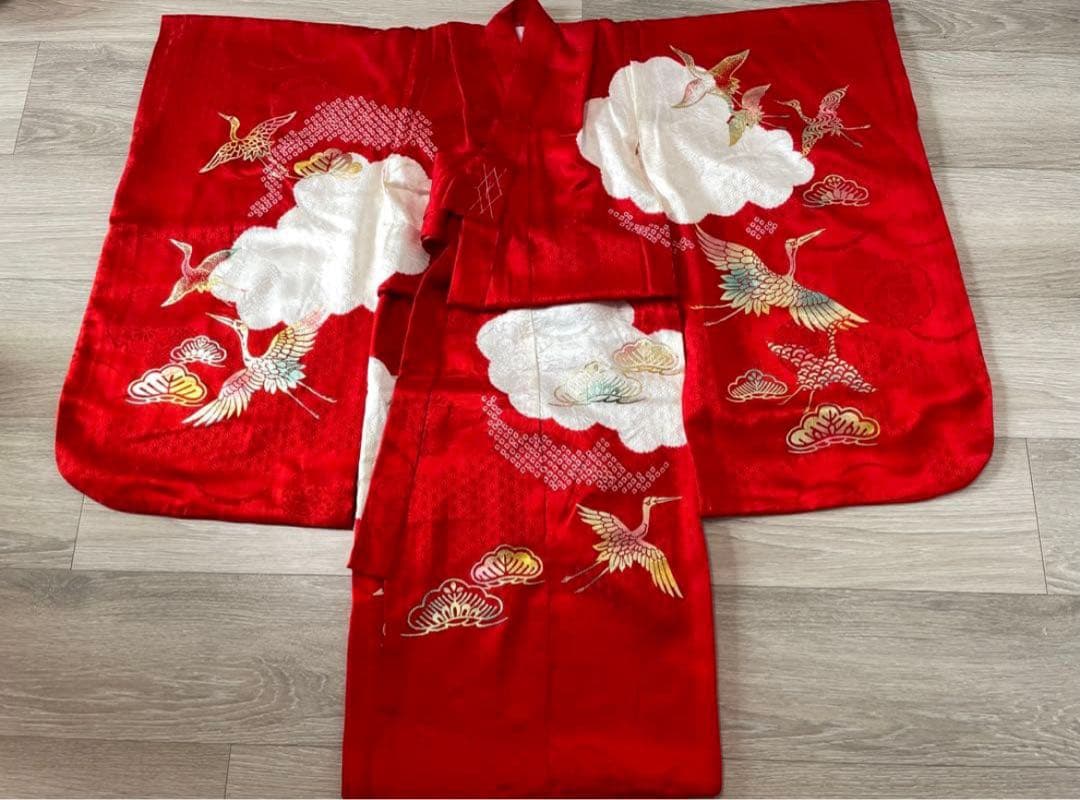 正絹 七五三　3才　セット 赤 白 鶴