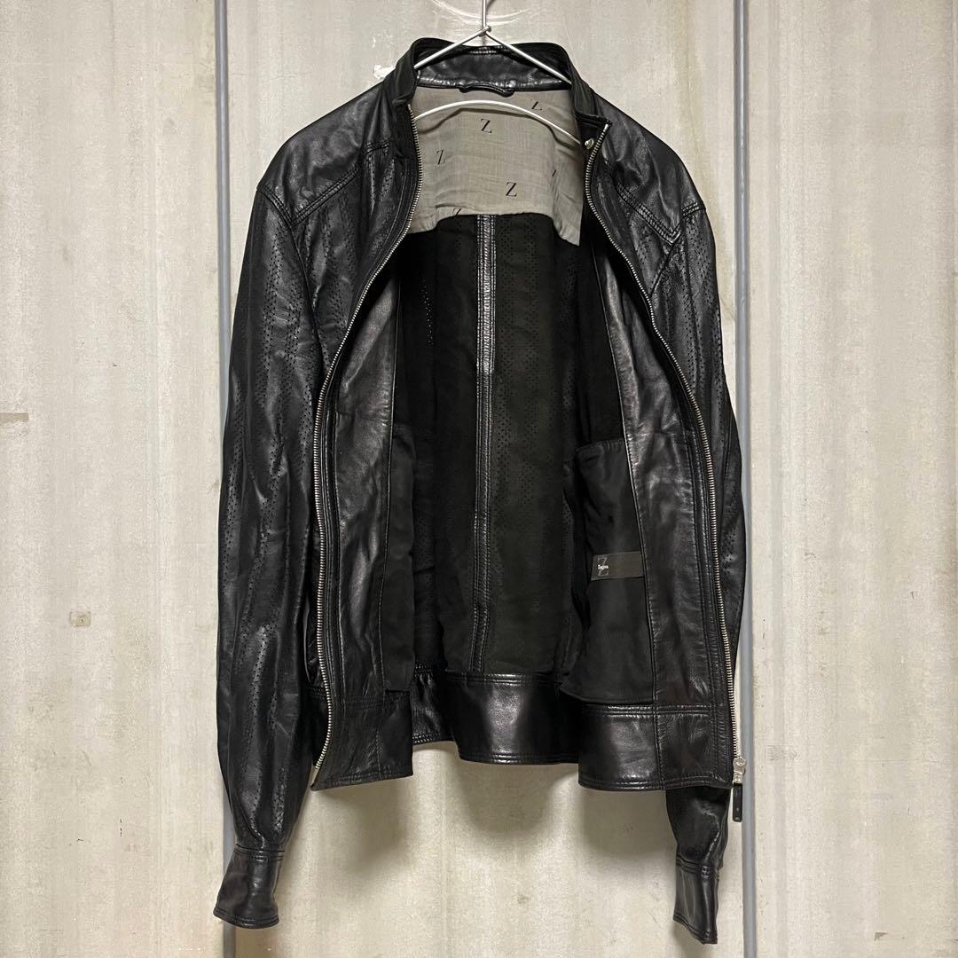 Zegna パンチングレザー シングル ライダース ジャケット シープスキン