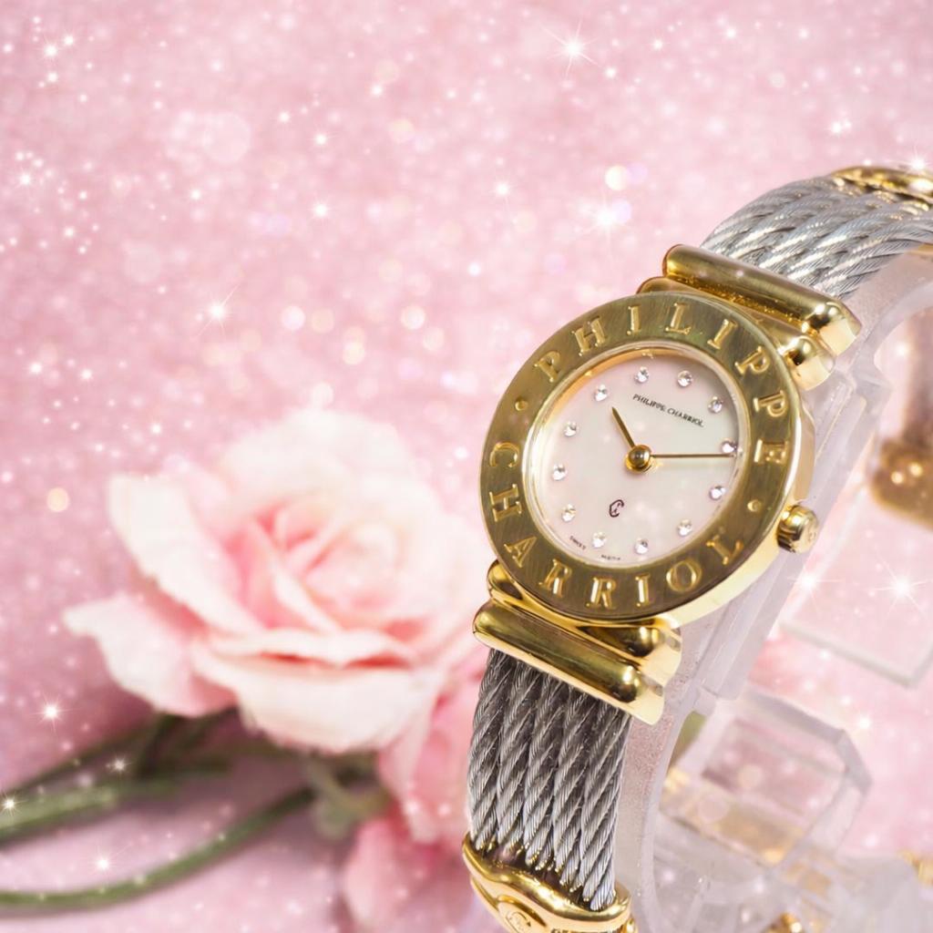 美品 シャリオール サントロペ 12Pダイヤ シェル文字盤 腕時計 箱 H536