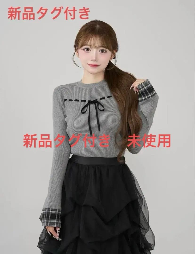新品タグ付き値下げ交渉OK darichチェックカフスリボンニットトップス