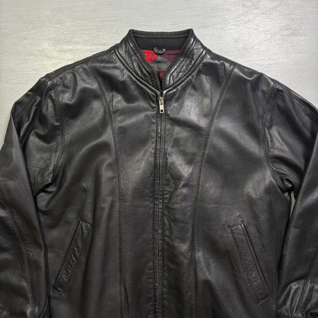 vintage レザージャケット　ブルゾン　本革オールレザー　チェック　短丈　M