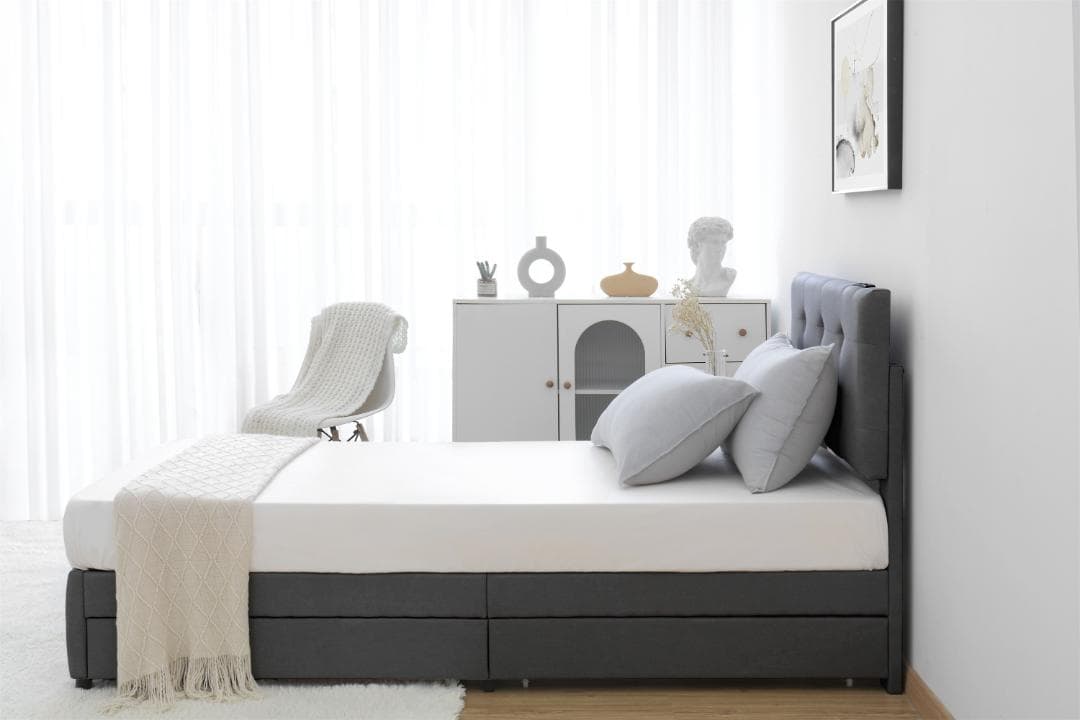 【新品】Dダブル 布貼りベッド 北欧風 引き出し付き 耐震 すのこ