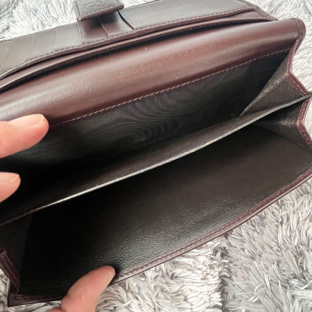 良品✨GUCCI シマ　ロゴプレート　Wホック　ダークブラウン　長財布　メンズ