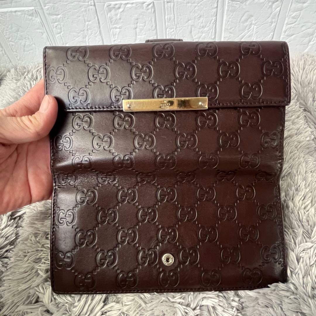 良品✨GUCCI シマ　ロゴプレート　Wホック　ダークブラウン　長財布　メンズ