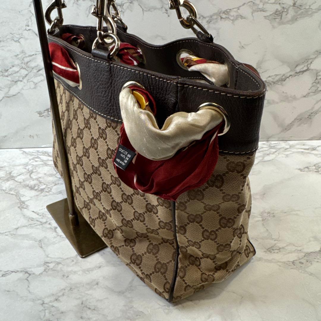 GUCCI グッチ スカーフ GG柄ジャガード×本革 レザー トートバッグ