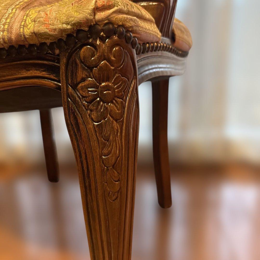 アンティーク　猫脚アームチェア　ピンクストライプ　ヨーロピアン　ダイニングチェア