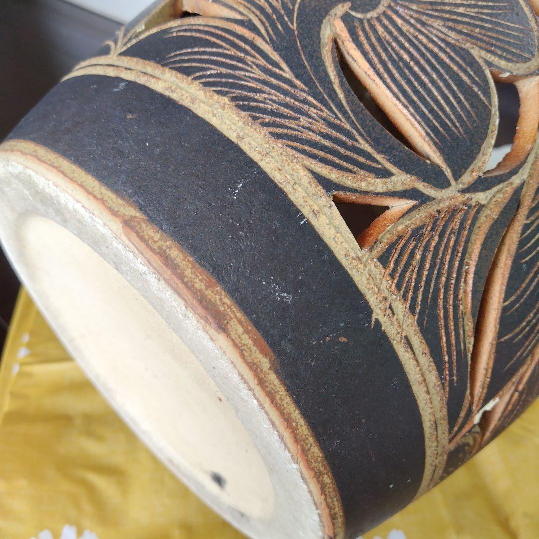 アンティーク 信楽焼傘立て 透かし彫刻 北欧インテリア 高さ42.5cm