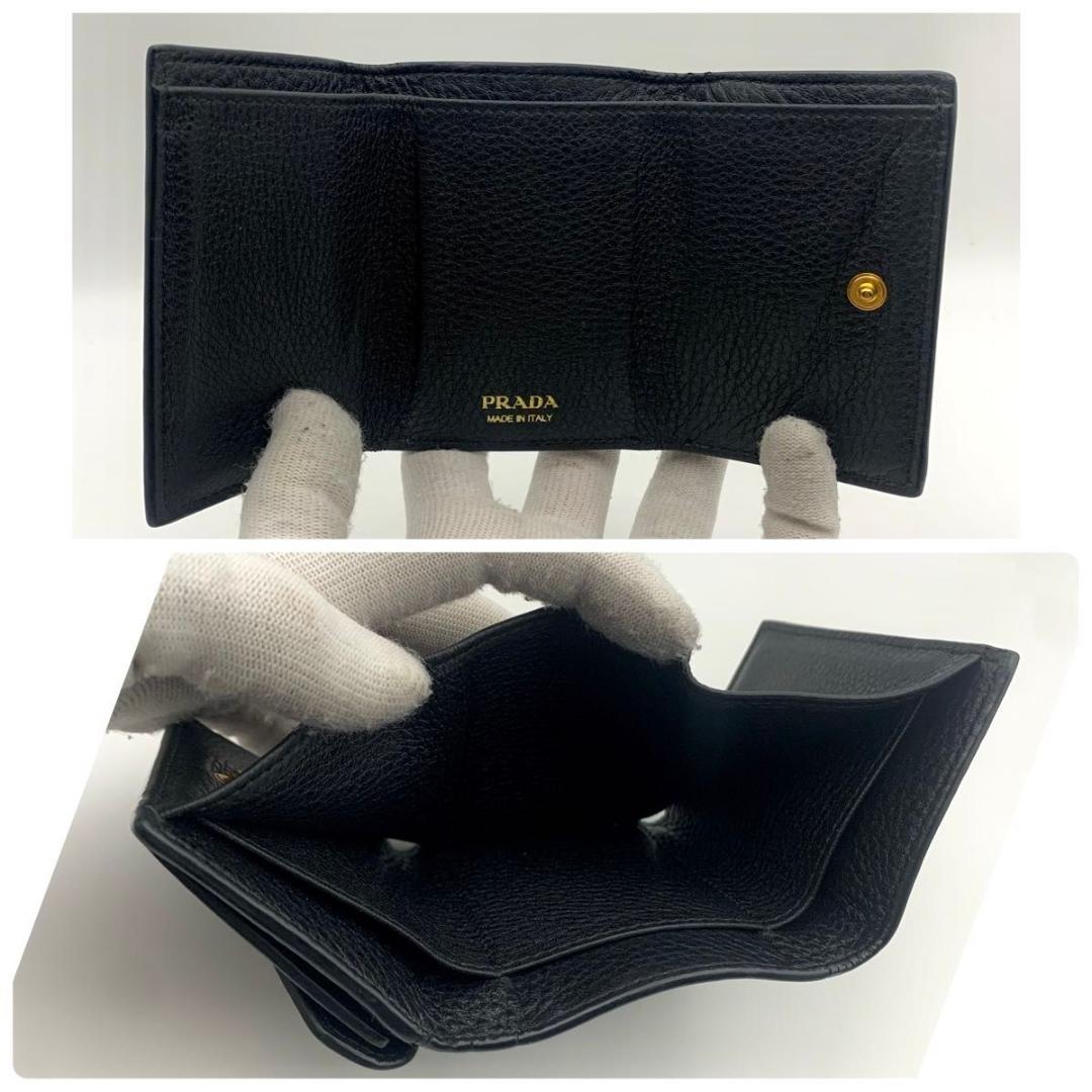 鑑定済み プラダ 三つ折り 財布 Wホック レザー シボ革 コンパクト 黒