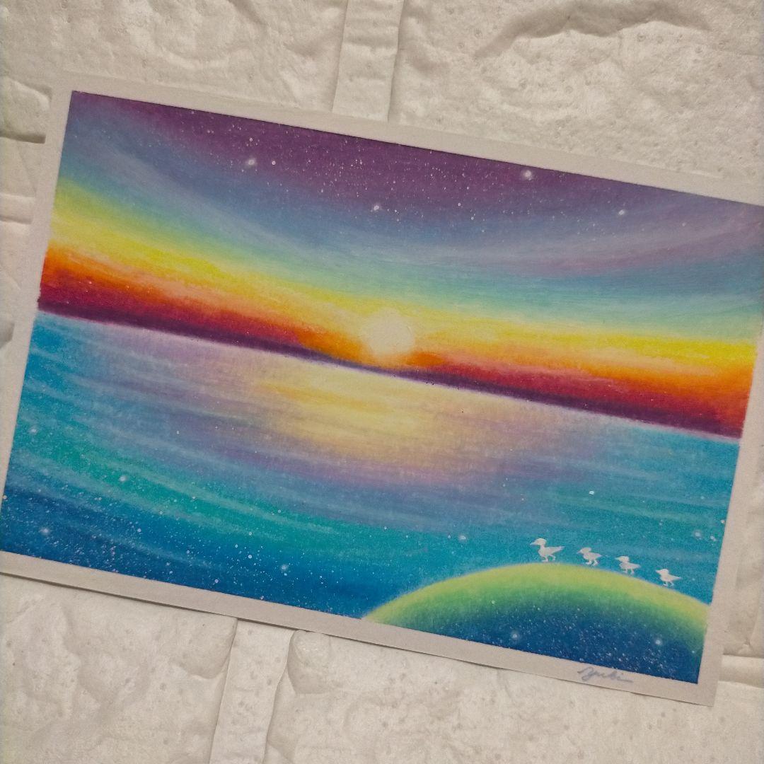 カルガモ親子と朝日 海の風景画 オイルパステル画 原画 ハガキサイズ絵画 #83