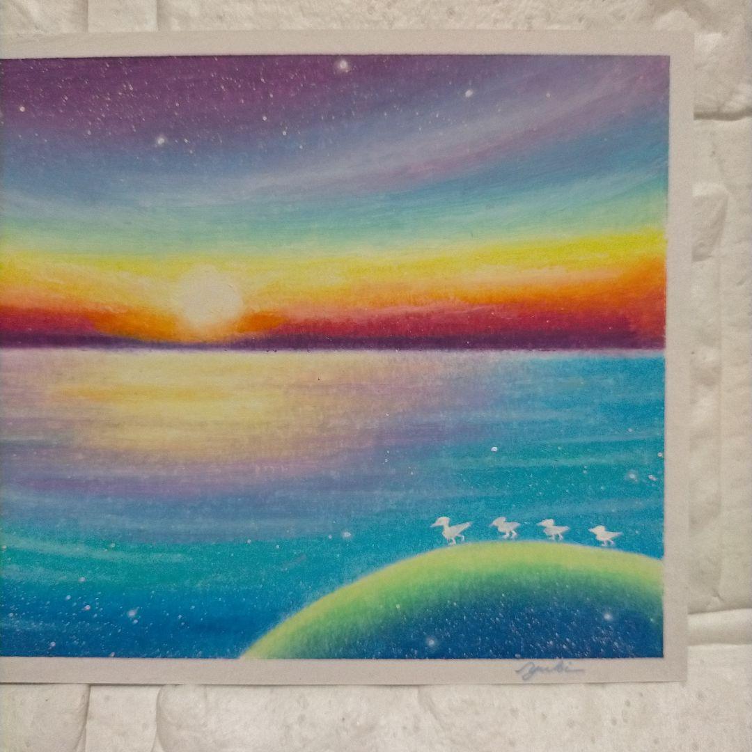 カルガモ親子と朝日 海の風景画 オイルパステル画 原画 ハガキサイズ絵画 #83