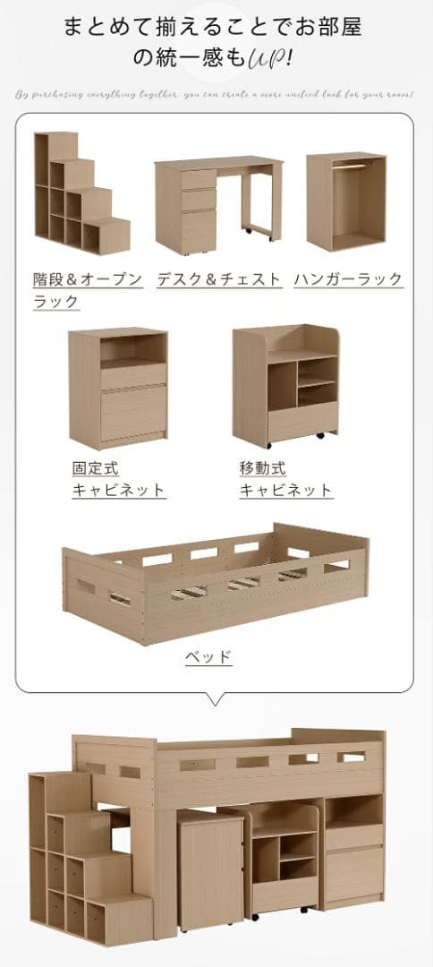 システムベッド　大容量収納・ デスク・本棚付き大人 一人暮らし　WHITE