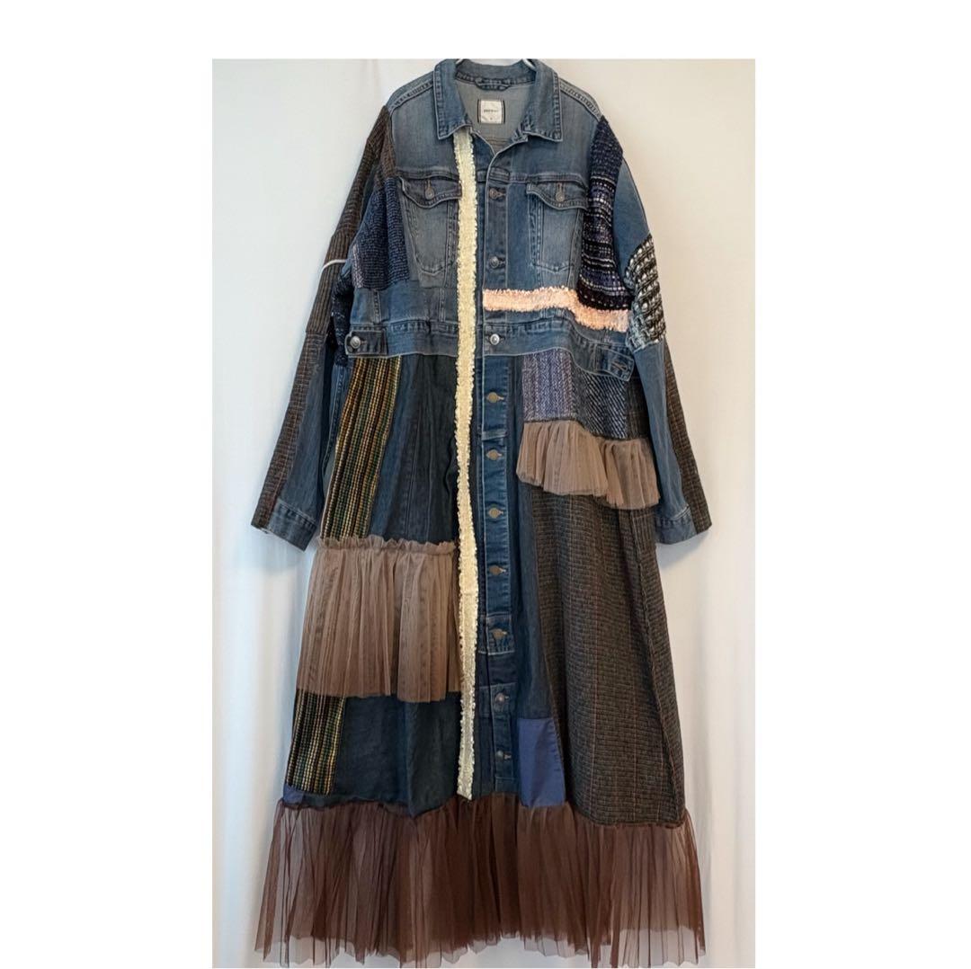 ⑤デニム×ツイード×チュール　パッチワーク ロングコート　大きいサイズ