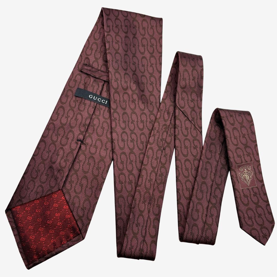 GUCCI シルクネクタイ チェーン柄 ローズブラウン
