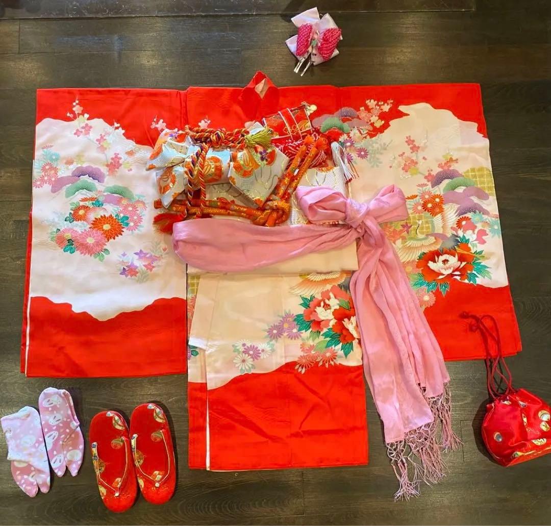 アンティーク 七五三 一つ身 三歳 着物 作り帯 他 フルセット 正絹 牡丹 赤