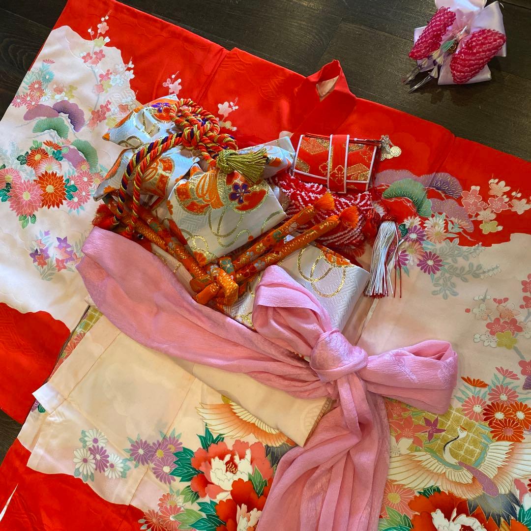 アンティーク 七五三 一つ身 三歳 着物 作り帯 他 フルセット 正絹 牡丹 赤