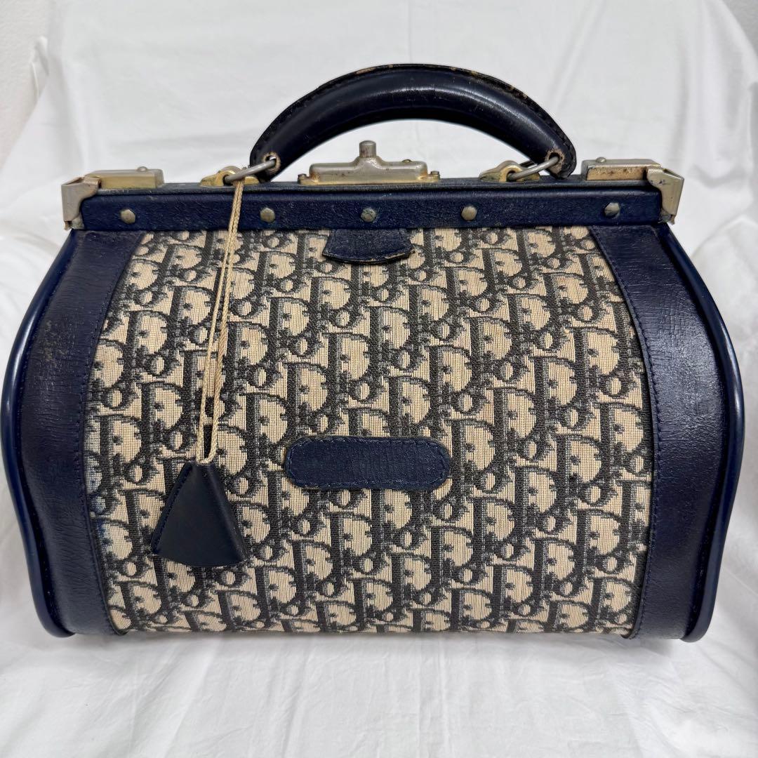 Dior ビンテージボストンバッグ ネイビー がま口ハンドバッグトロッター柄