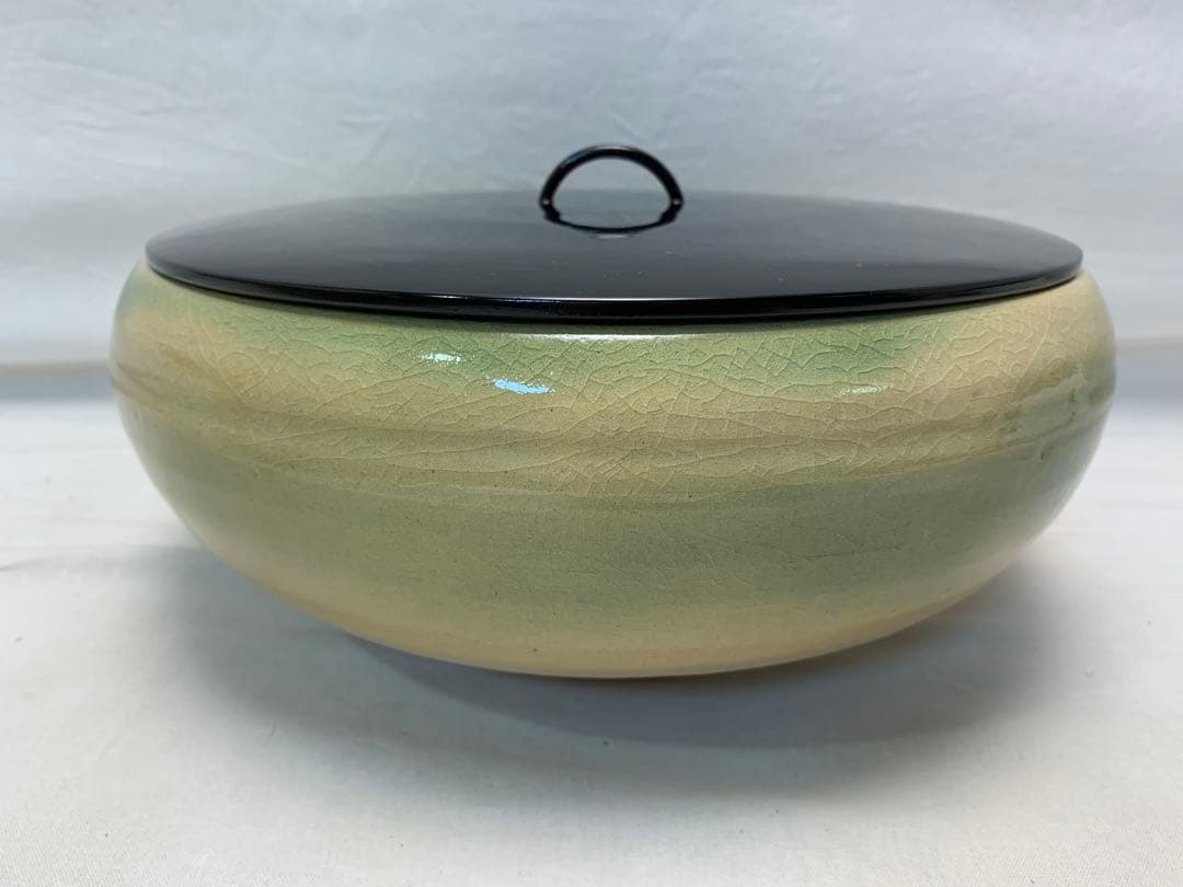 ほぼ未使用 茶道具 陶斎作 宮島焼き 平水指 陶印 塗り蓋 水差し