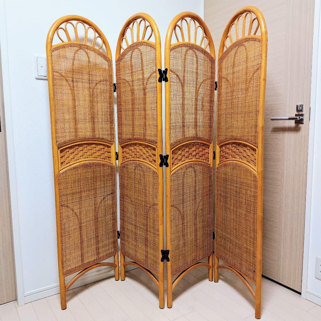 【たのメル便利用】籐 ラタン パーテーション 4連間仕切り 籐衝立