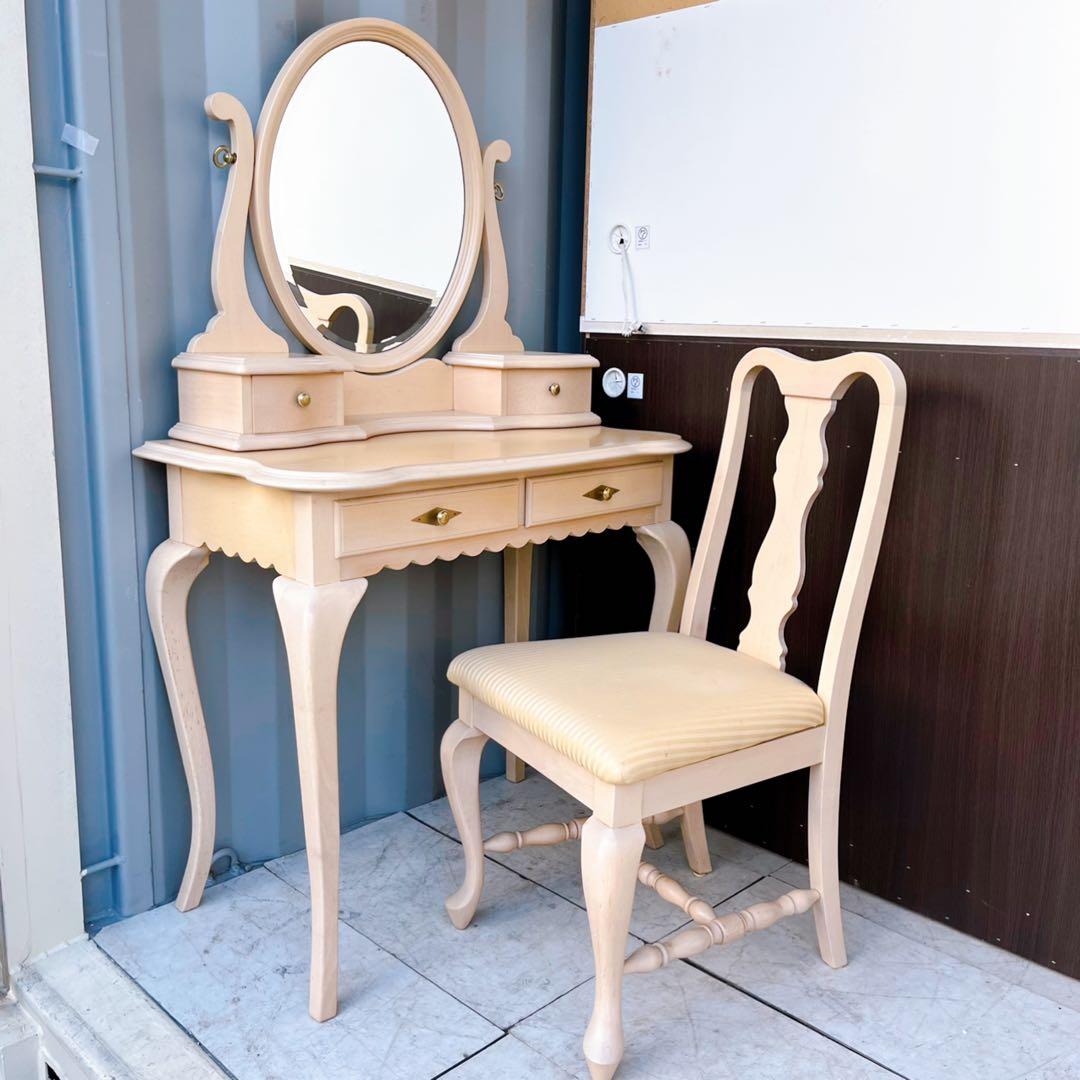 取付無料！リンホーリン 姫系猫脚おしゃれアンティークアイボリードレッサー椅子付き