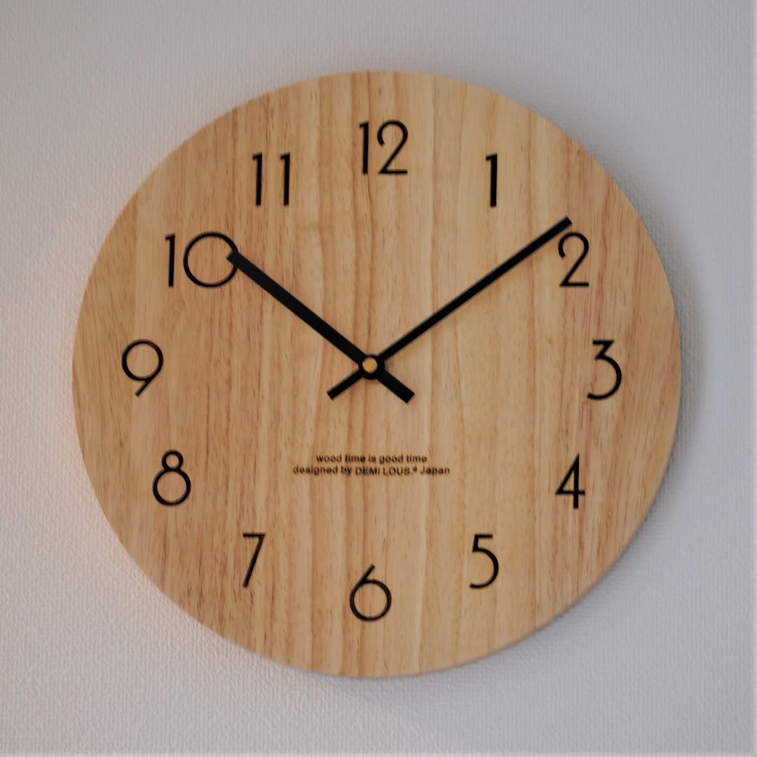 天然ラバーウッド無垢材掛け時計 静音連続秒針 アナログ