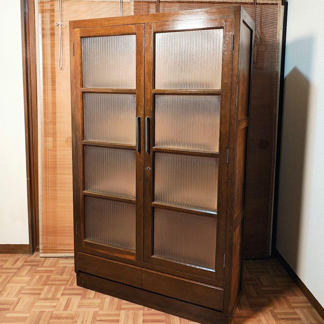ガラス扉　本棚　食器棚　木製棚　モールガラス　昭和レトロ
