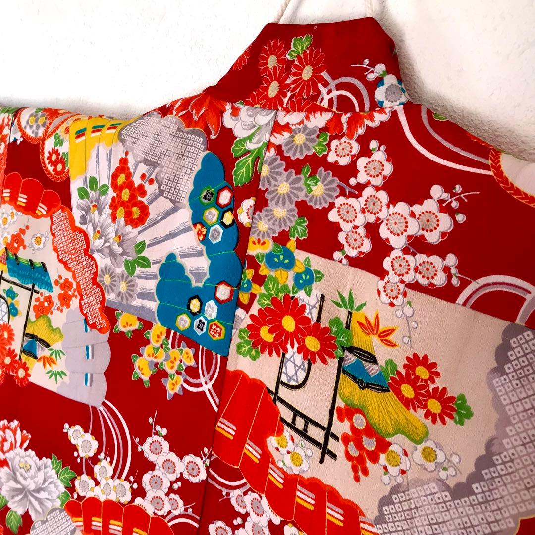 正絹 アンティークレトロ着物 女の子 七五三 ◇扇 花 古典柄