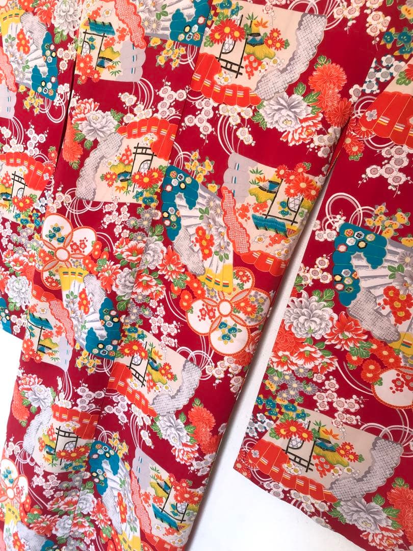 正絹 アンティークレトロ着物 女の子 七五三 ◇扇 花 古典柄