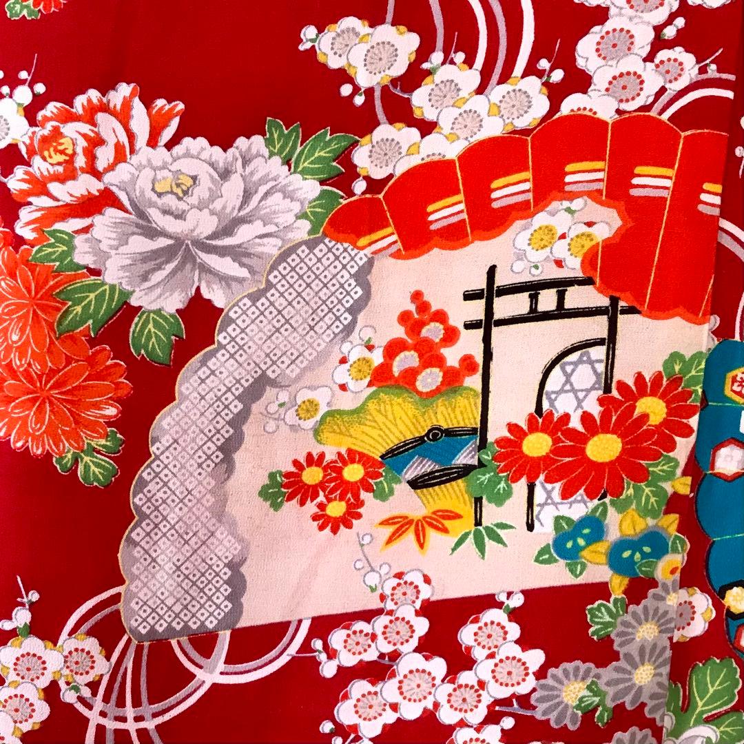 正絹 アンティークレトロ着物 女の子 七五三 ◇扇 花 古典柄