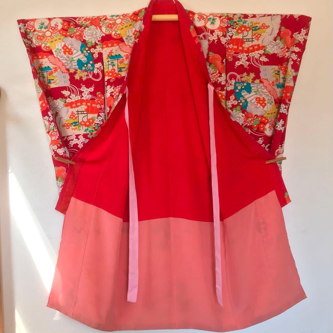 正絹 アンティークレトロ着物 女の子 七五三 ◇扇 花 古典柄