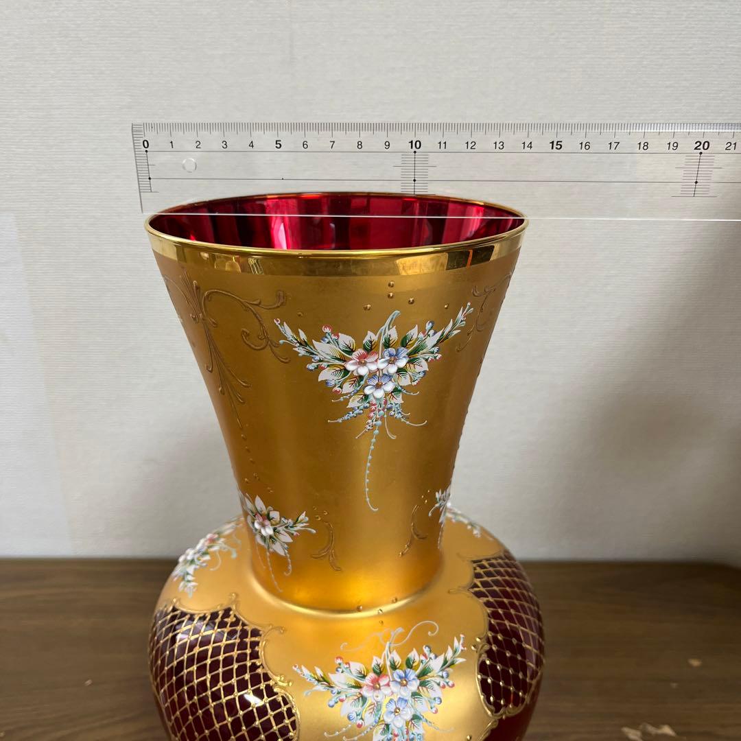 希少★イタリア製 ヴェネツィアグラス フラワーベース レッド 花瓶 ムラノグラス
