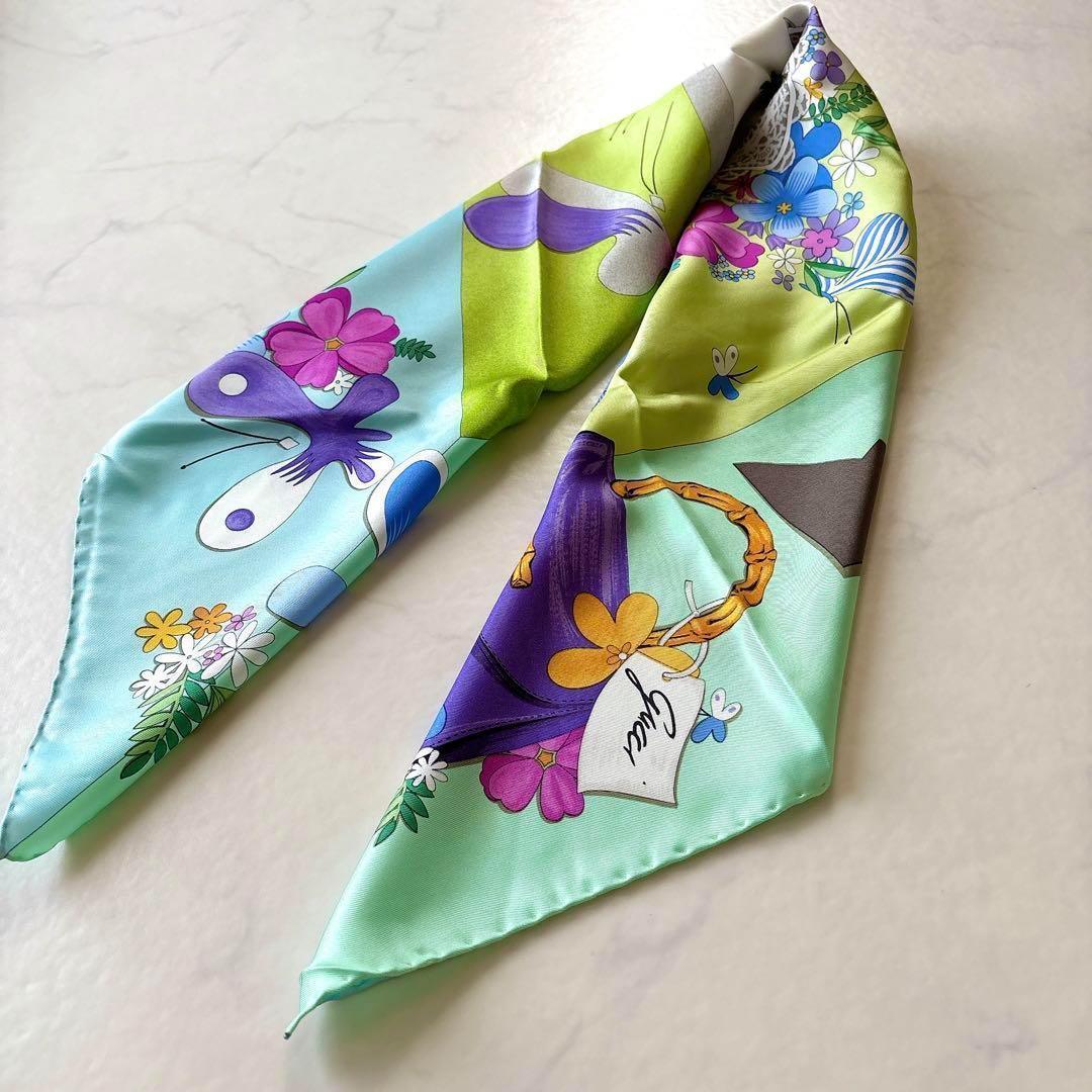 希少 GUCCI シルクスカーフ 大判 ホースビット×バンブーバッグ 花柄