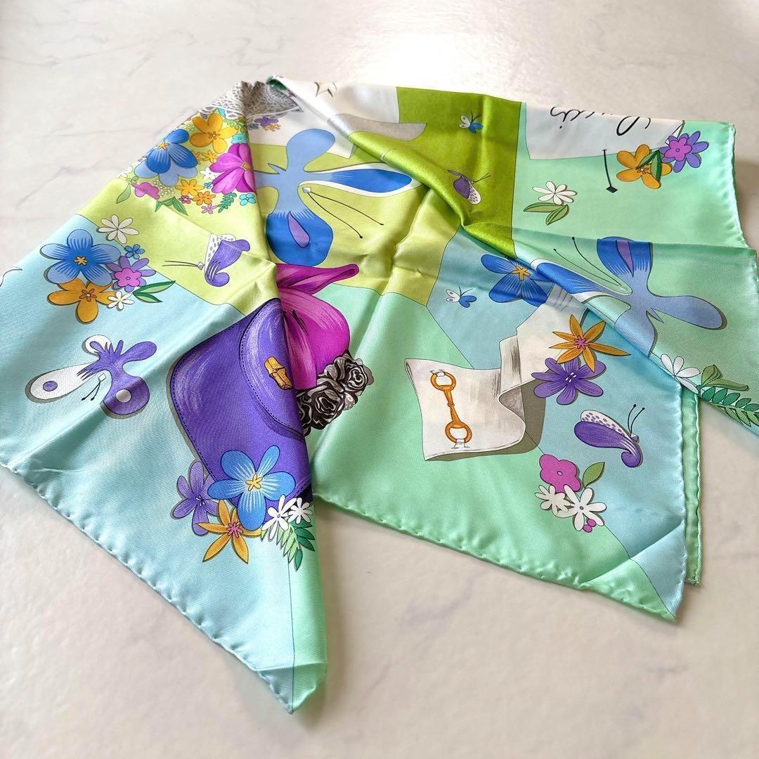 希少 GUCCI シルクスカーフ 大判 ホースビット×バンブーバッグ 花柄