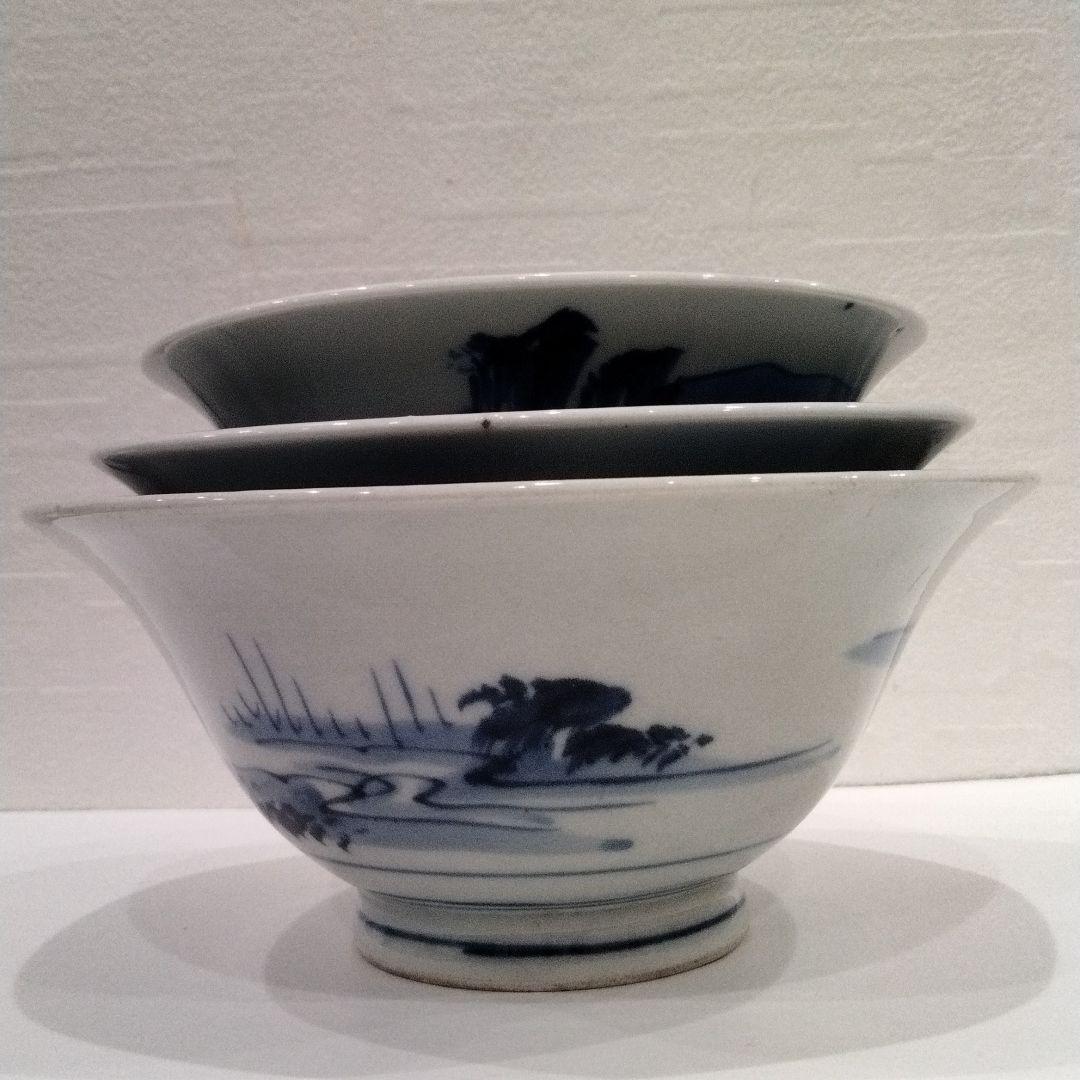 M398-5 江戸時代 古伊万里 染付山水仙人人物文 三種大丼鉢 大茶碗