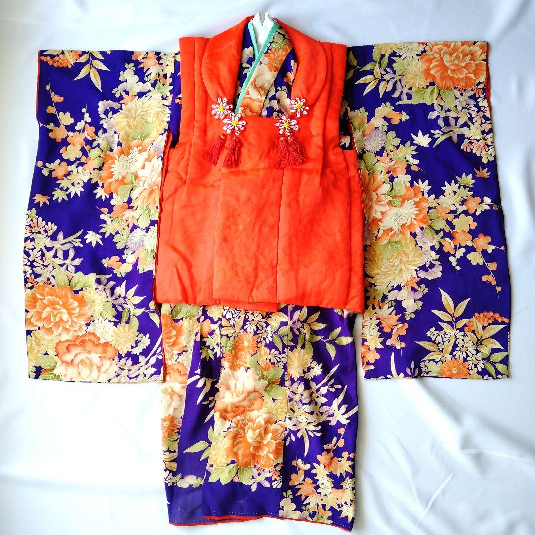 3歳　七五三　女の子　着物　アンティーク　正絹　希少　紫　パープル　青紫　錦紗